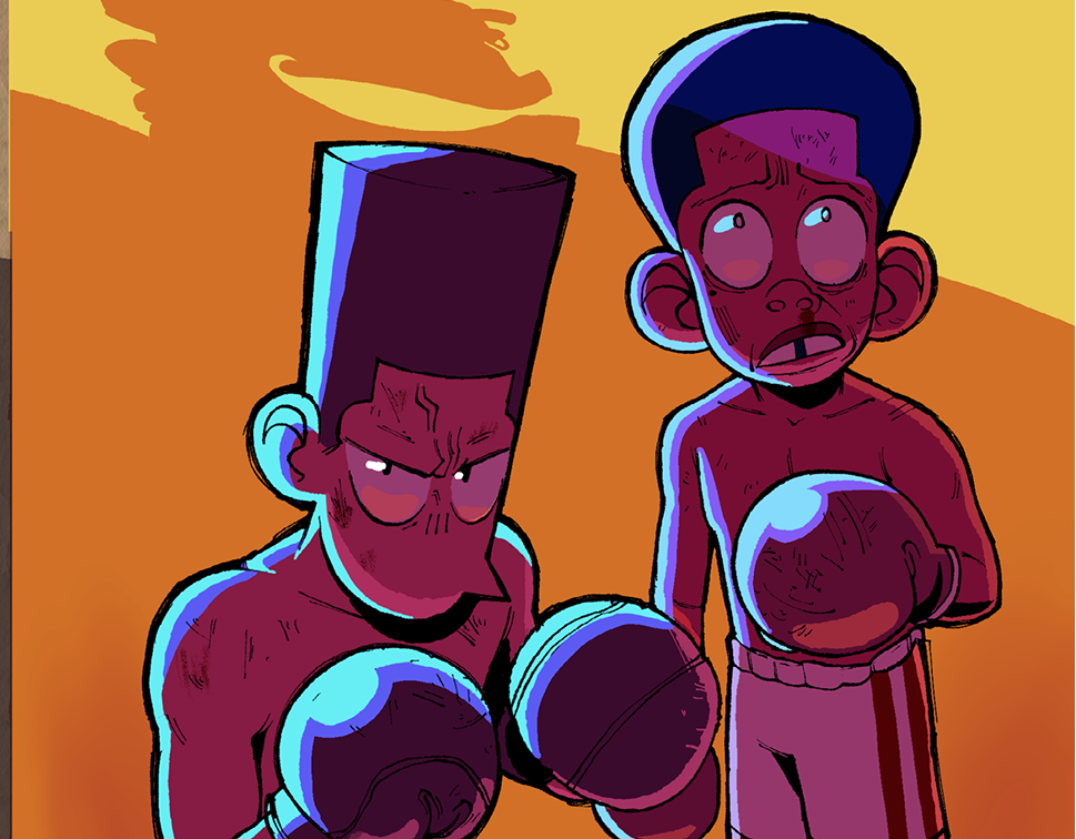 Cartoon of two characters in boxing gloves with a background of a to-do list and a match announcement.